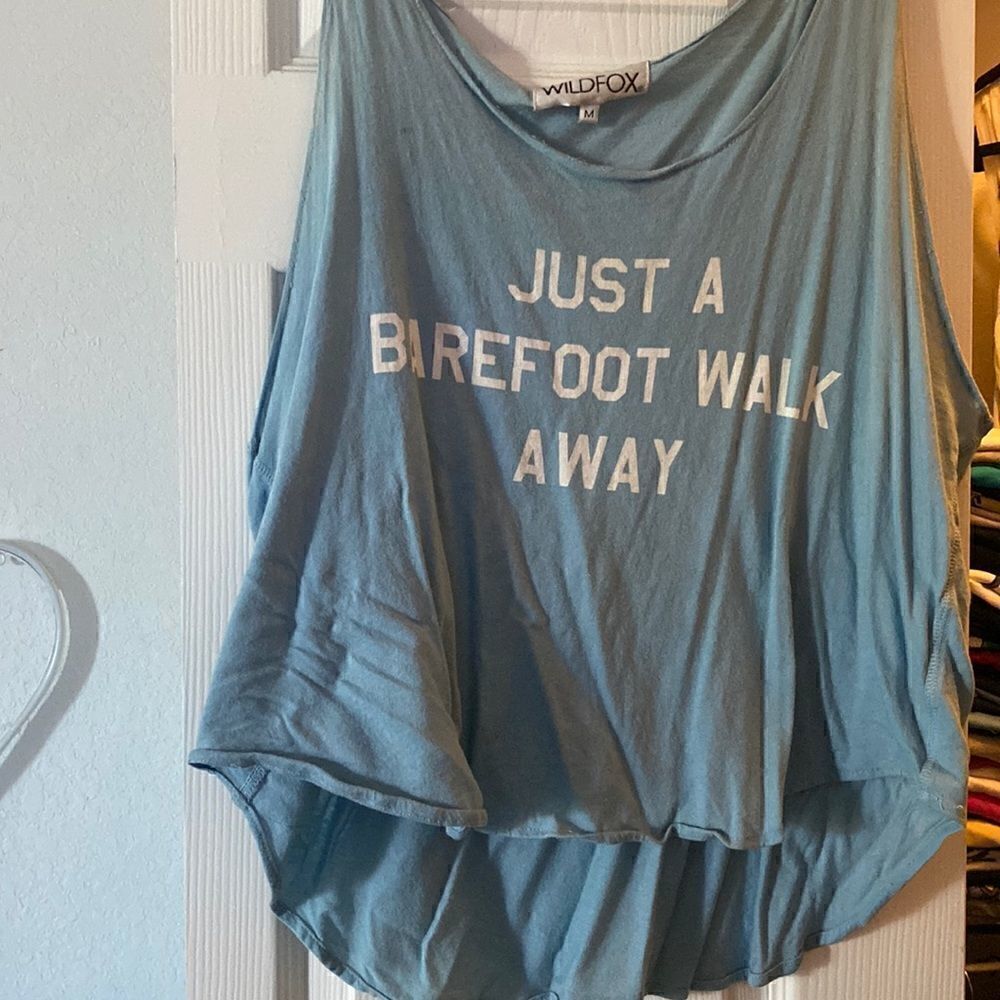 Wildfox Tank “JUST A BAREFOOT WALK AWAY” Light Blue Size Medium Oversized Tank